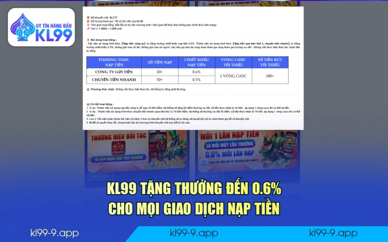 KL99 tặng thưởng đến 0.6% cho mọi giao dịch nạp tiền